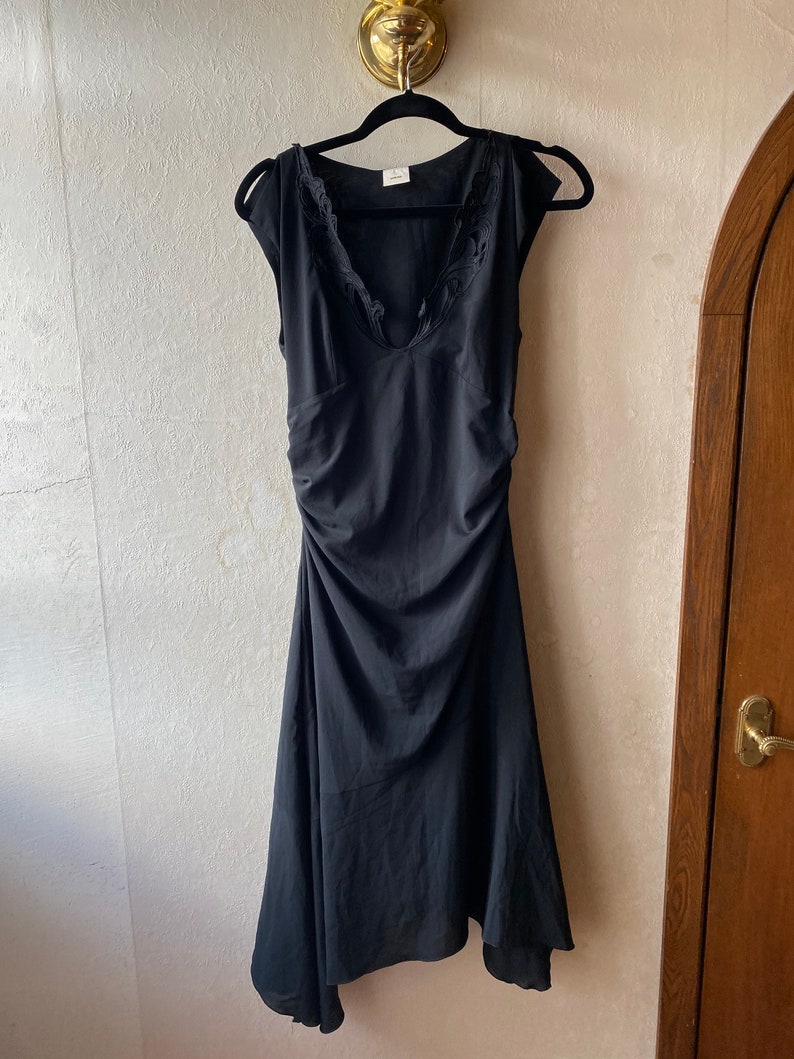 Vintage black midi dress with lace neckline