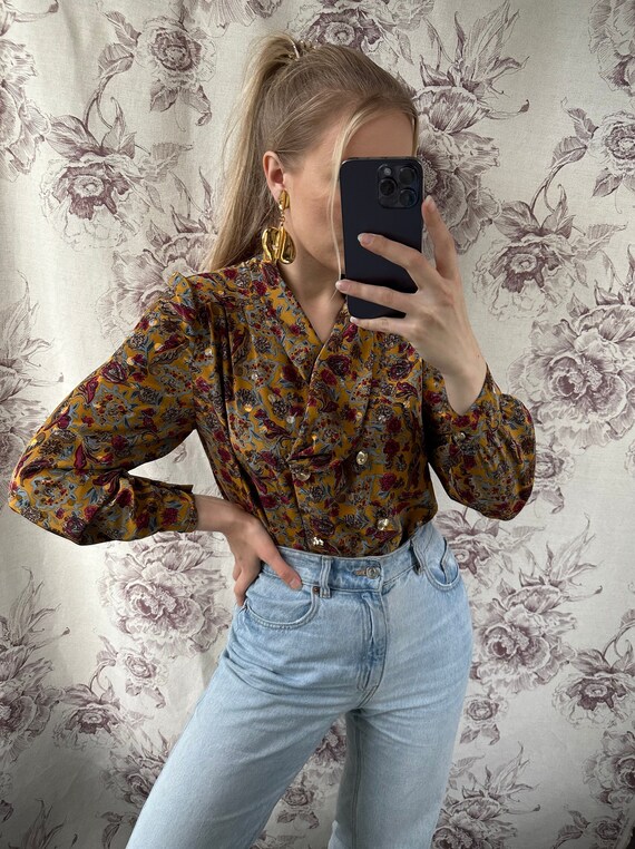 Vintage mustard yellow blouse with pink and blue … - image 2
