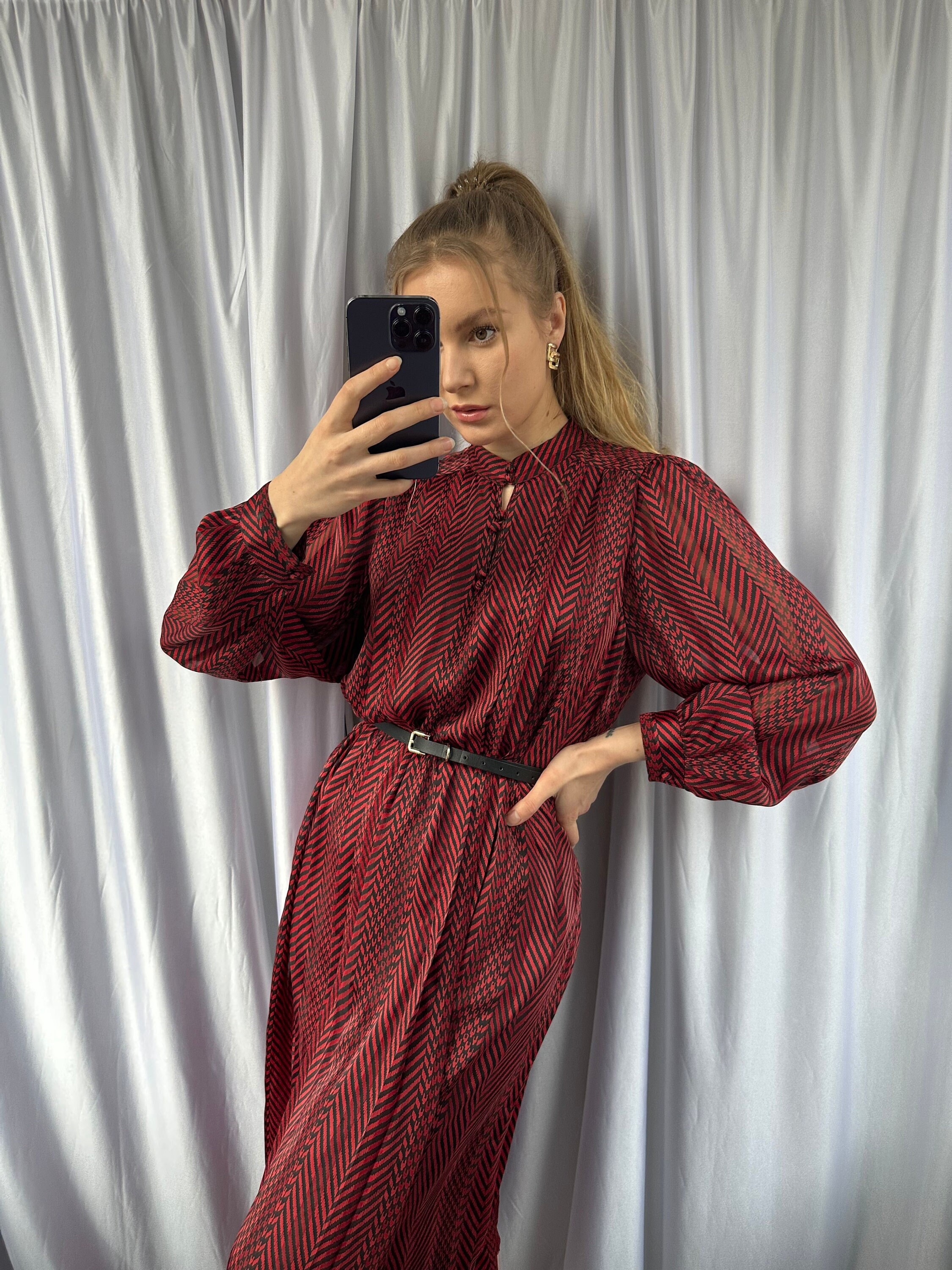 Vintage satin black and red midi dress with bishop sleeves
