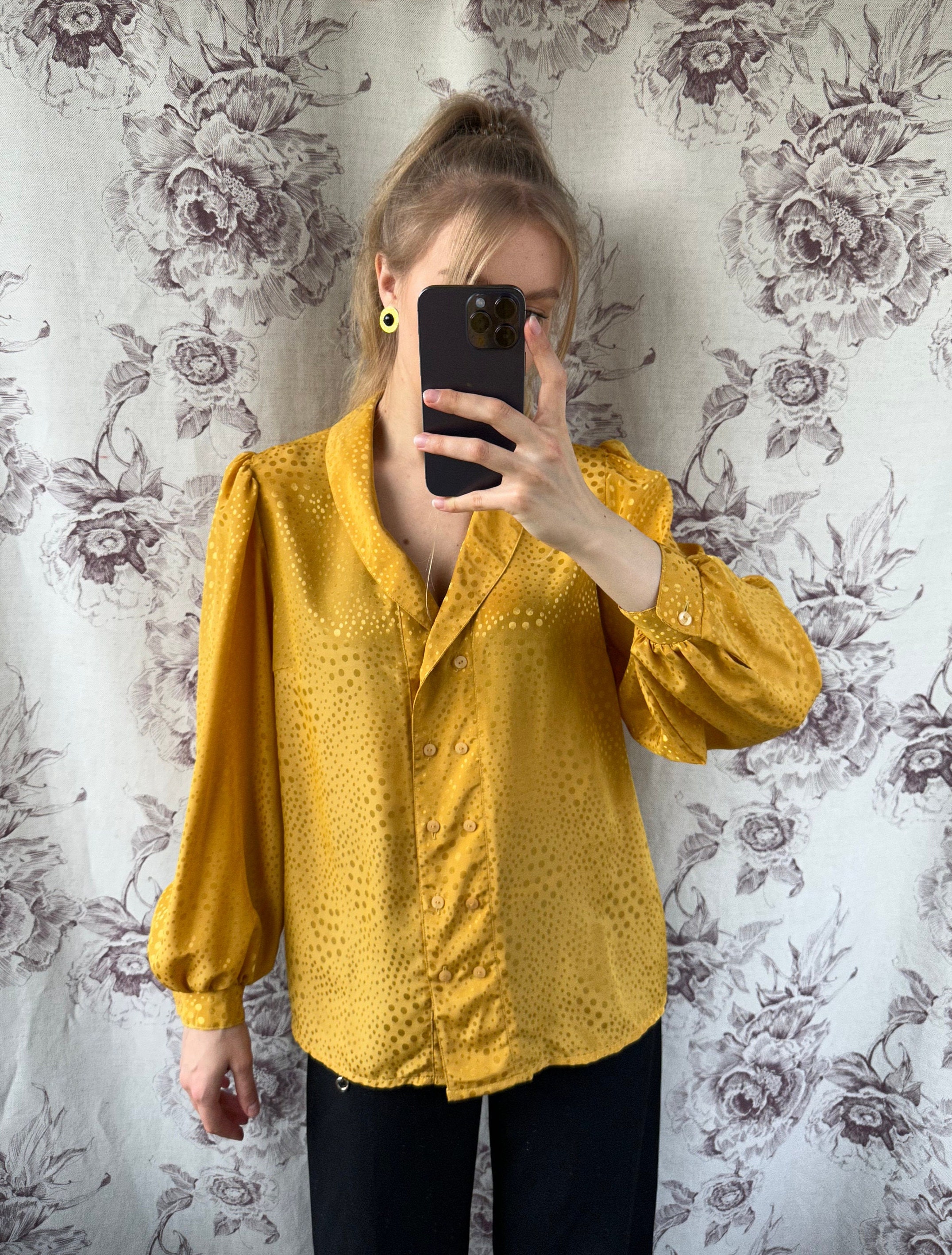 Vintage Yellow Mustard Blouse Shawl Collar Satin Blouse Etsy