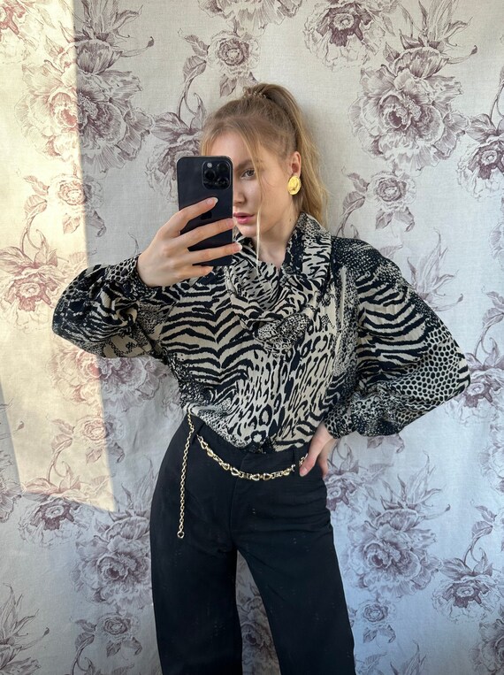Blusa vintage animal print blusa elegante con cuello de chal blusa con estampado de tigre de leopardo blanco y negro Etsy Mexico