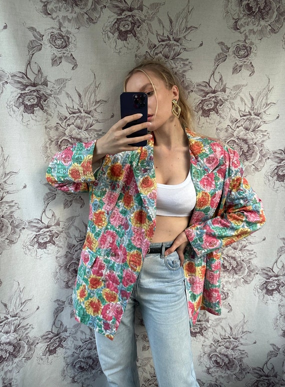 Vintage oversized floral print cotton blazer, feminine pink and green double breasted jacket