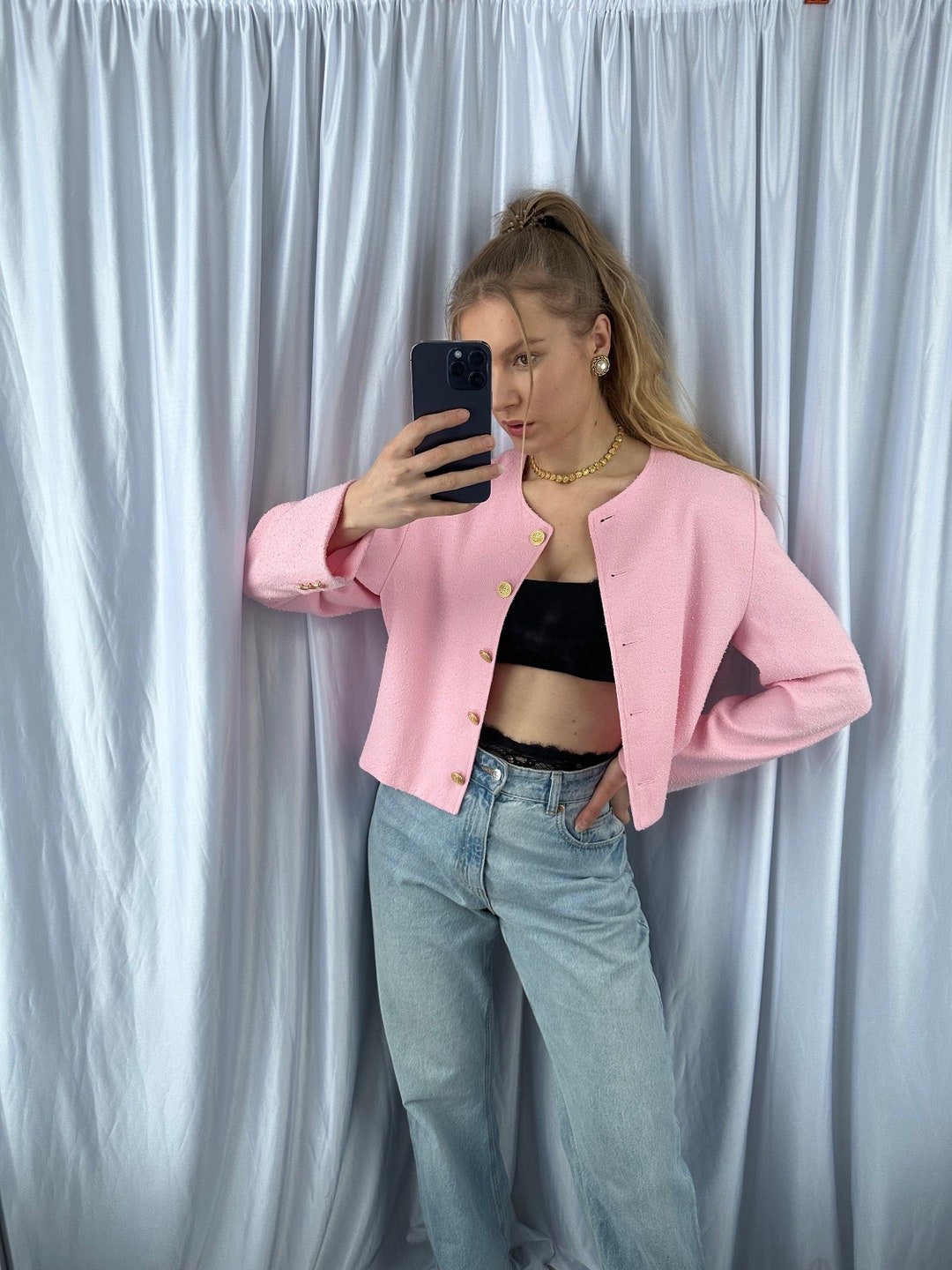 Vintage Pink Cropped Blazer, Elegant Textured Women's Jacket With ...