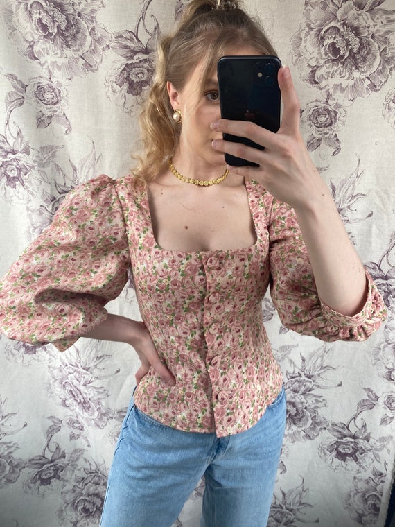 Vintage style handmade pink floral top with puff sleeves