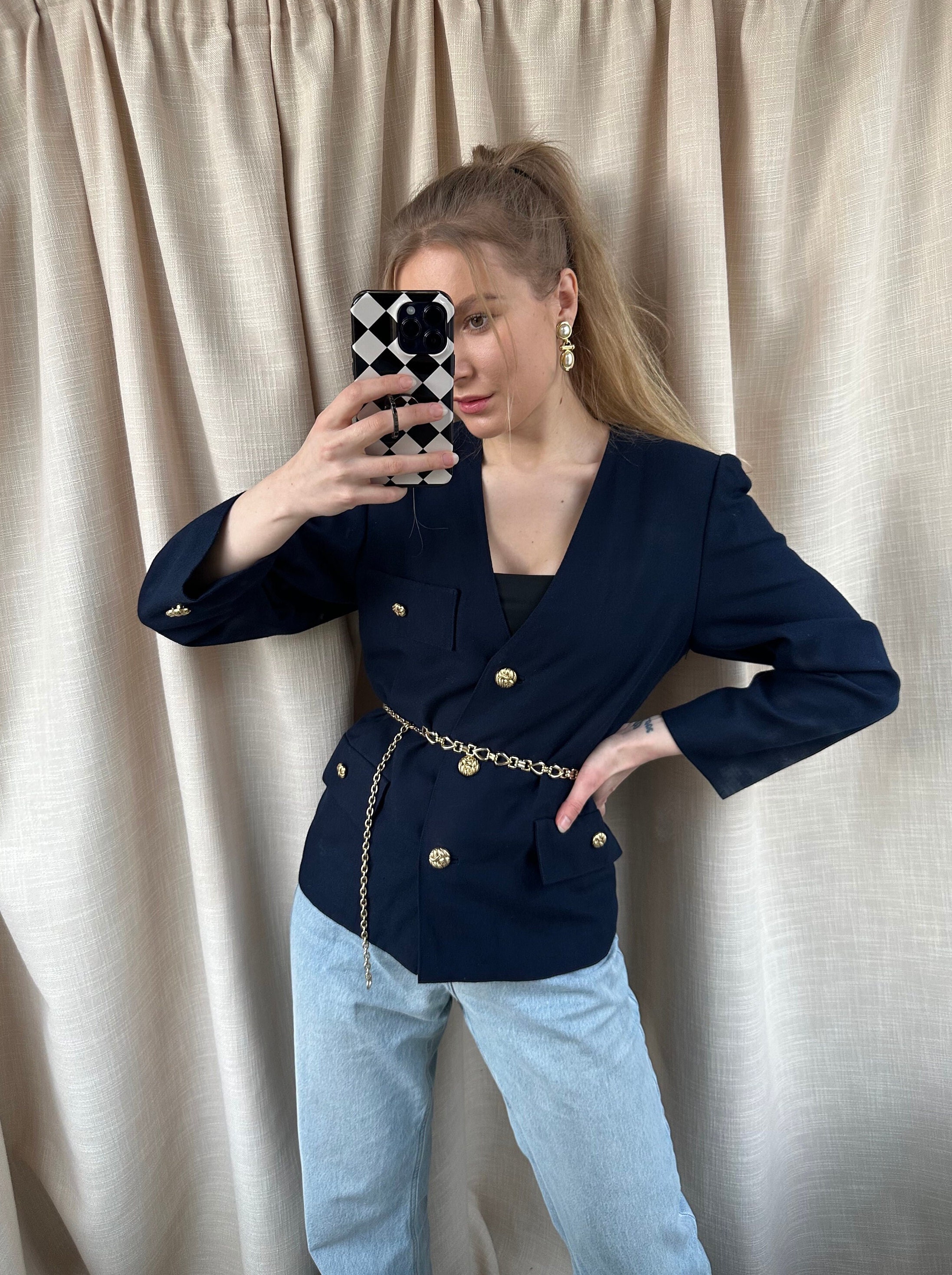 Vintage Navy Blue Blazer, Elegant Classy Jacket With Golden