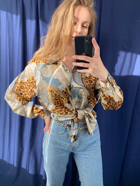 Vintage silky blouse, Leopard silk shirt, Feminine
