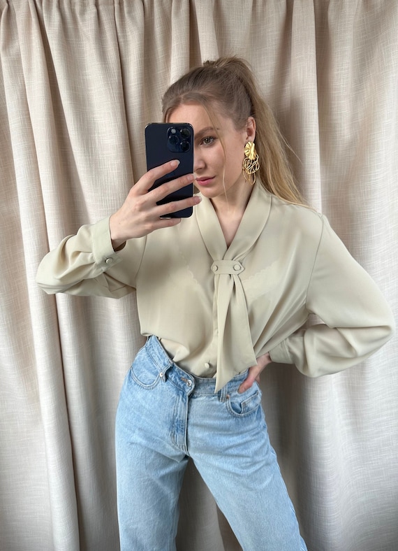 Blusa vintage color arena blanca elegante blusa formal de de mujer Etsy Mexico