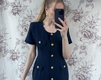 navy blue dress with gold buttons Blake Navy Ponte Jersey Midi Dress Finery London