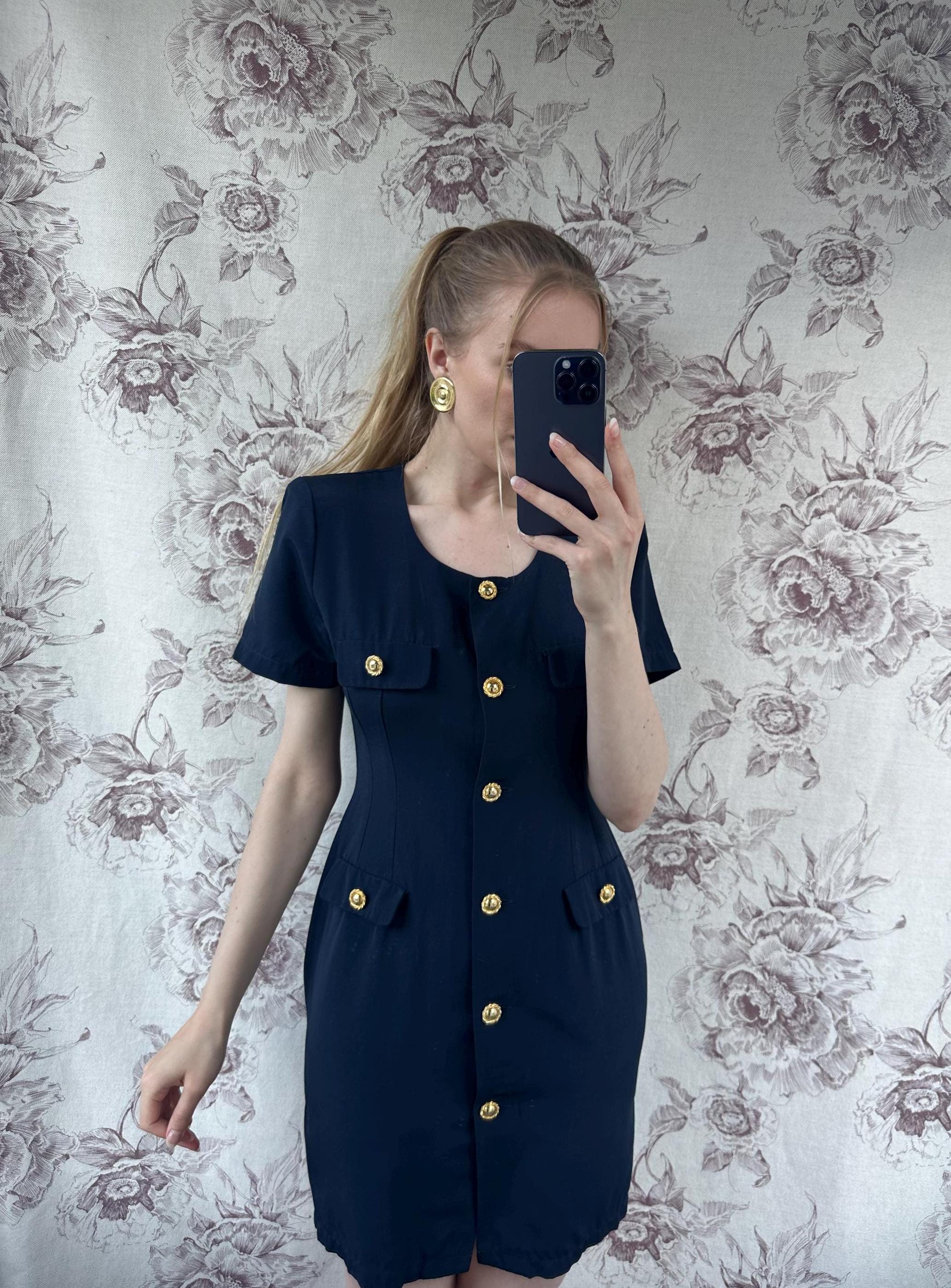 blue dress gold buttons Vintage Navy Tailored Midi Dress, Classy and Elegant Women's With Pockets and Golden Men's US Size:13 side slits Grilled Romaine with Blue Type_Dresser