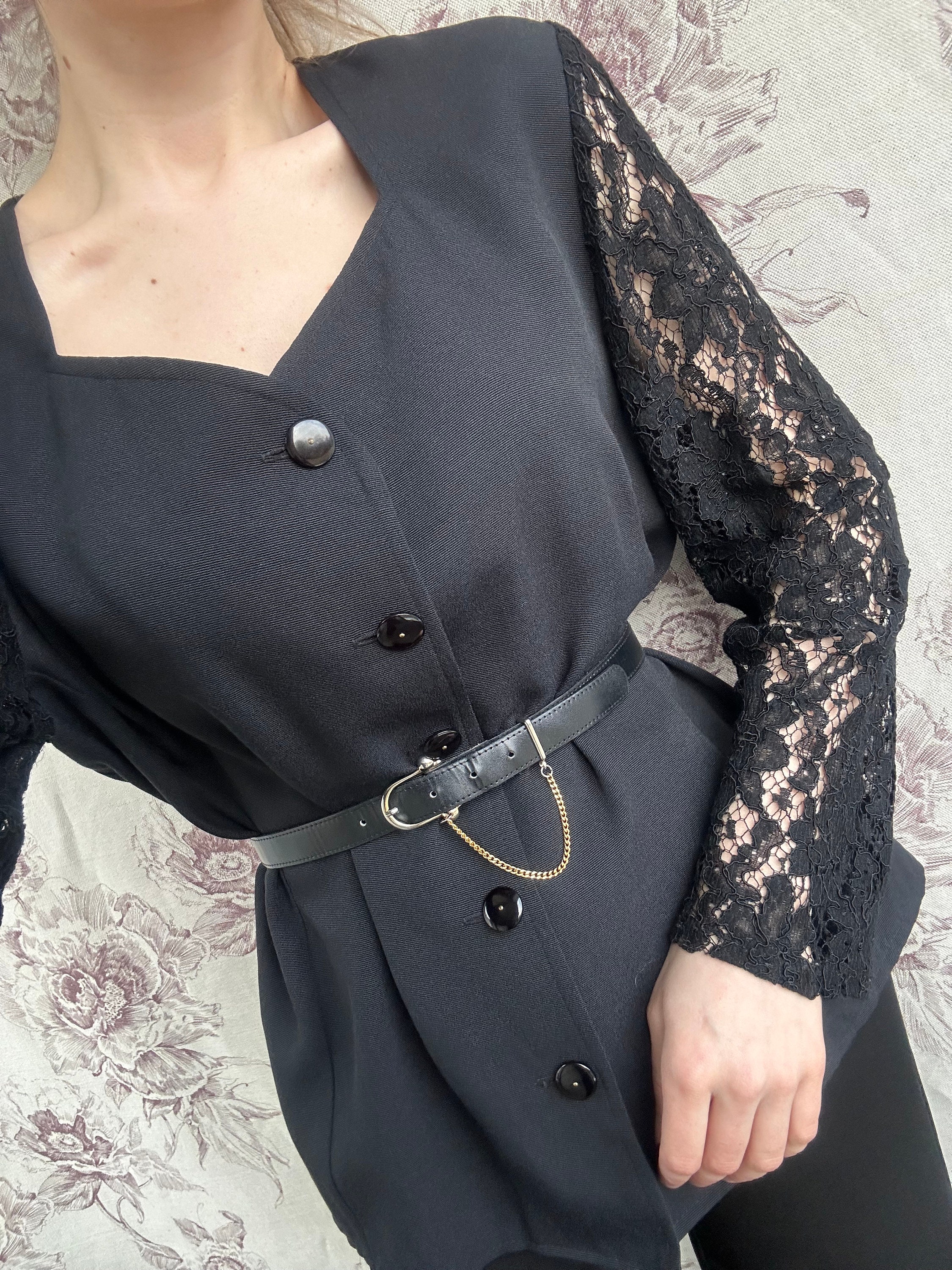 Vintage black blouse jacket with see through lace sleeves and back detail, elegant 70s women’s blouse