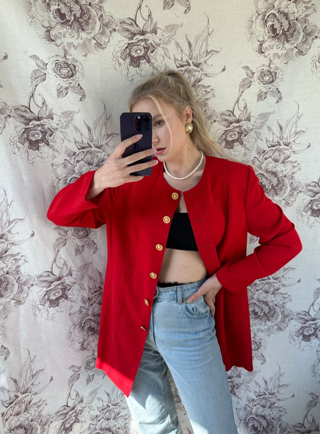 Vintage Red Wool Blazer, Elegant Long Jacket With Unique Golden Buttons ...