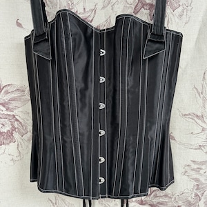 Vintage handmade black satin corset, elegant Gothic women's lace up corset image 8