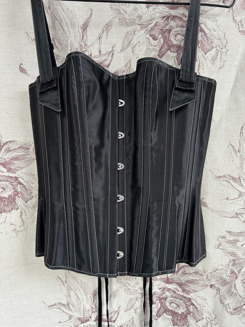 Vintage handmade black satin corset, elegant Gothic women's lace up corset image 8