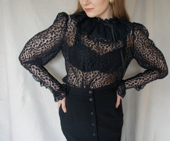 Vintage Jabot Black Lace Feminine Blouse| Sheer el
