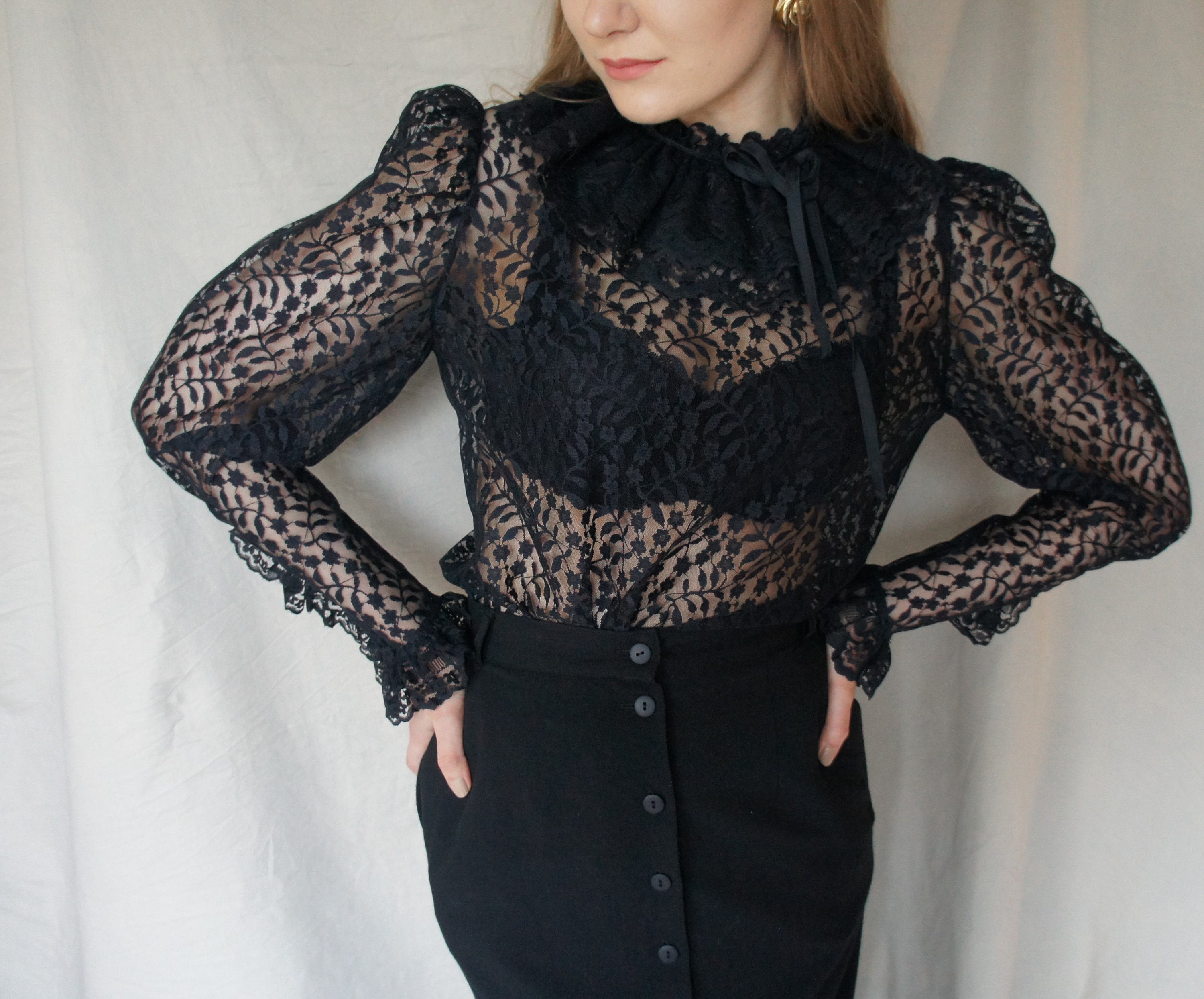 Vintage Jabot Black Lace Feminine Blouse Sheer elegant Ruffle Etsy