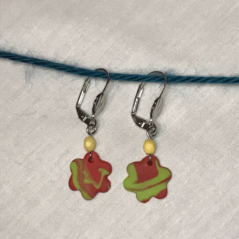 Green Red Swirl Handmade Polymer Clay Flower Earrings