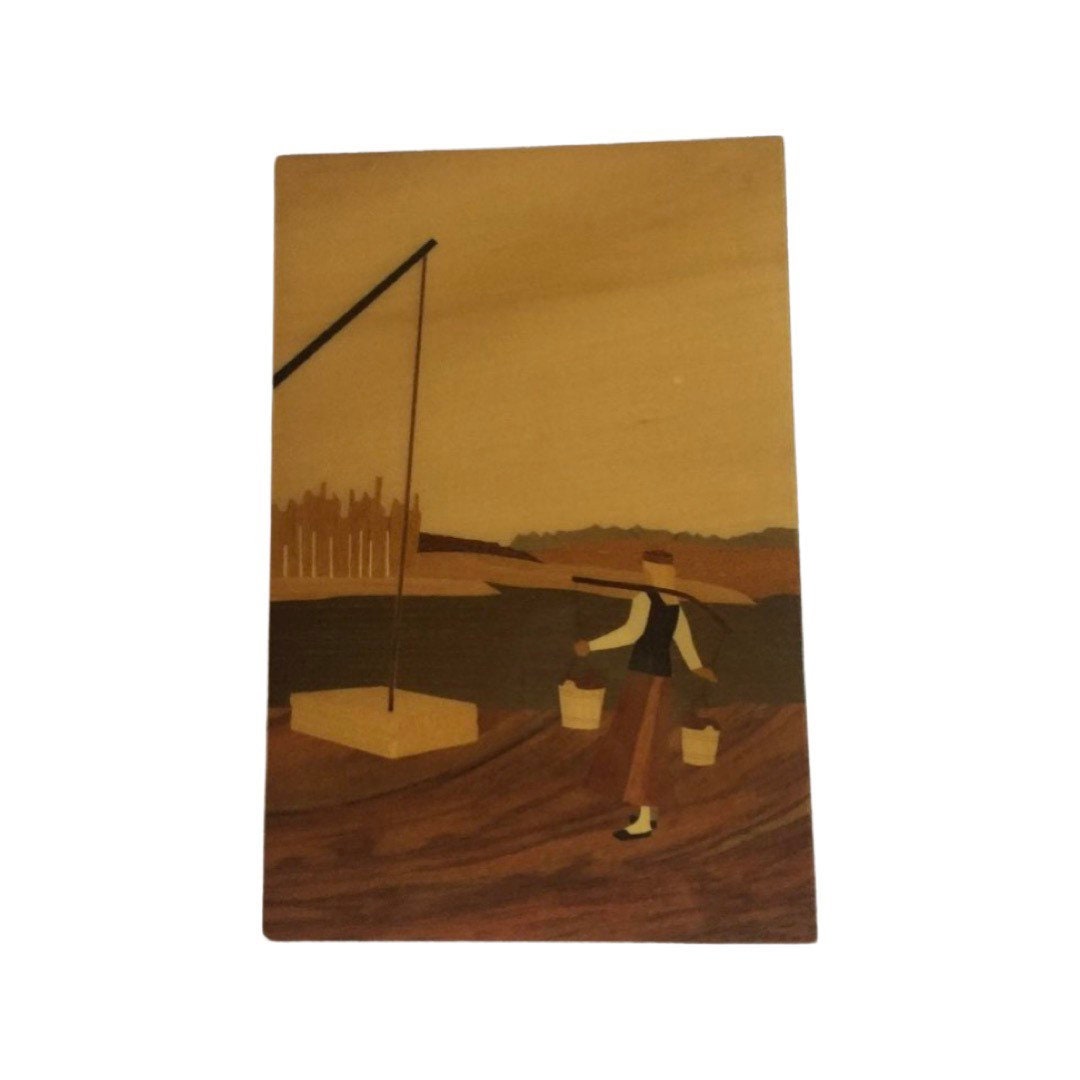 RIGA Vintage Wooden Inlay Plaque  Girl Carrying Water Buckets