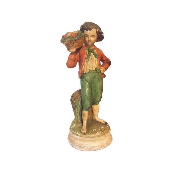 Borghese 8” Peasant Boy Fruit Basket / Vintage Chalk-Ware Figurine