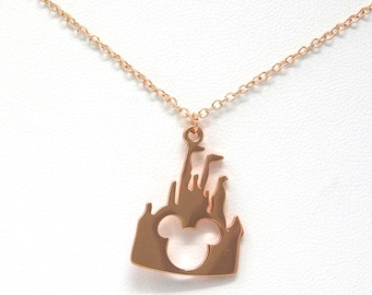 Mickey Disney Cinderella's Castle Disneyland Pendant Necklace.  Rose Gold Plated Stainless Steel