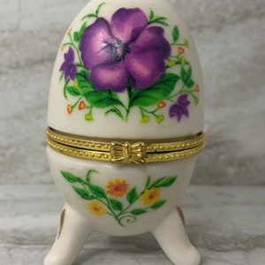 Floral Porcelain Egg Trinket Box - Hinged Jewelry Box (3&quot;)