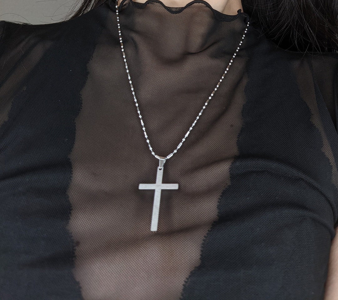 Stainless Steel Cross Necklace With Bamboo Style Chain. Gift for Goth ...