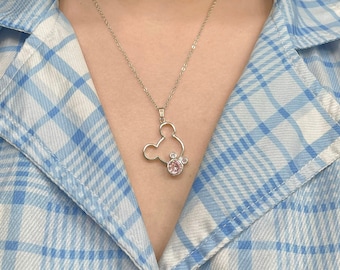Mickey Mouse Necklace Disney Disneyland Pendant Necklace with clear or pink gem