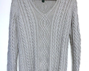 Lauren by Ralph Lauren Cable Knit Metallic Sweater V-Neck Light Blue