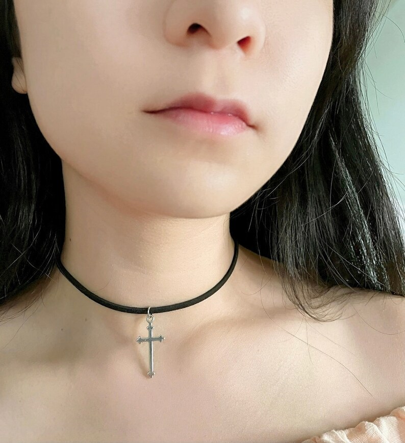Black Faux Leather Choker Necklace With Gothic Silver Cross Etsy