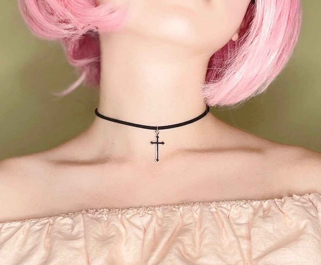 Black Faux Leather Choker Necklace With Gothic Silver Cross Etsy