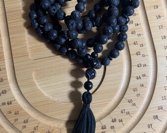 Black Lava Stone & Black Banded Agate Mala-Meditation-Prayer Beads