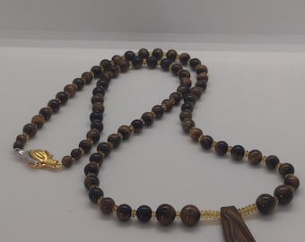 Golden Tiger's Eye and Glass Beaded Necklace with Magnetic Clasp
