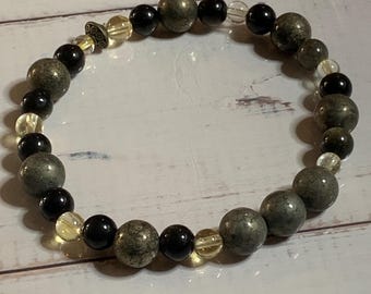 Pyrite, Citrine, & Black Onyx Beaded Crystal Healing Stretch Bracelet