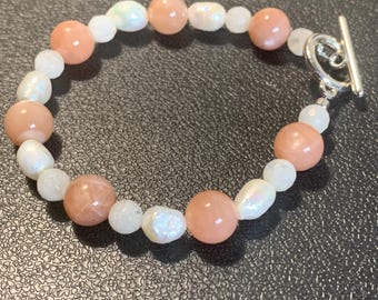 Sunstone, Moonstone, & Freshwater Pearl Bracelet