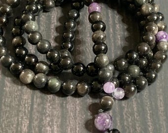 Silver Sheen Obsidian and Amethyst Mala Beads Prayer Beads 108 Japa Mala Meditation