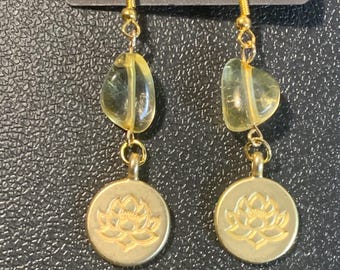 Citrine Earrings with Gold Lotus Charms