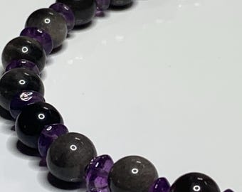 Silver Sheen Obsidian & Amethyst Beaded Bracelet