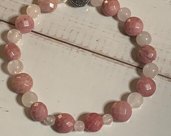 Faceted Rhodonite & Rose Quartz Crystal Healing Beaded Stretch Bracelet
