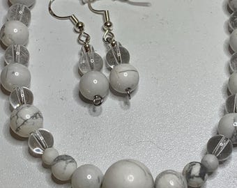 Howlite & Clear Quartz Necklace and Earrings Jewelry Set