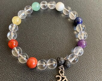 Chakra Balance Bracelet (Clear Quartz Base with Chakra Stones & Lava + Om Charm)