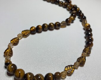 Golden Tiger's Eye and Autumn Leaves Beaded Necklace with Magnetic Clasp