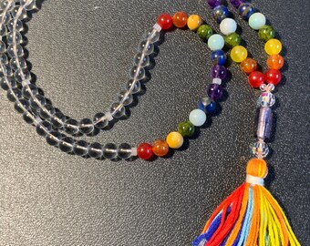 Clear Quartz Chakra Healing Mala-Meditation-Prayer Beads with names of crystals