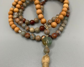 Serpentine and Sandalwood Mala Beads Prayer Beads Mantra Meditation Beads 108 Japa Mala