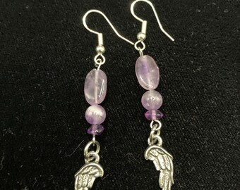Amethyst Angel Feather Dangle Earrings