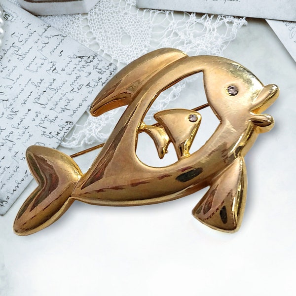 Gold plated 14kt dolphin brooch with 2 crystal clear zirconia eyes. Cute vintage fish brooch, animal pin, gift for mother /80's