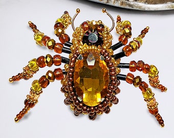 Yellow and Gold Spider Brooch. Orange insect brooch. Tarantula gothic pin, beaded animal brooch. Designer trend 2021 unique by MariRich