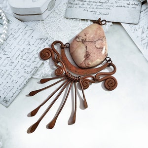 Nostalgic antique copper pendant with jasper cabochon. Handmade costume jewelry in baroque style. Unique women&#39;s gift/30s