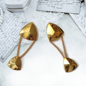 Large Moderniest Gold Tone Earrings. Avant garde geometric dangle stud earrings, vintage rare unique party costume jewellery/ 80&#39;s