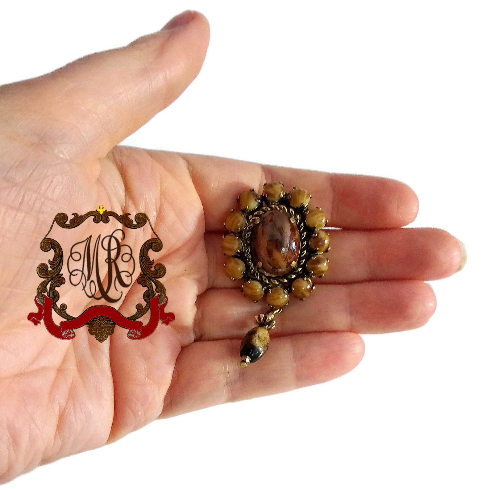 Edle ovale antike braune Brosche mit Cabochons aus Achat | Etsy