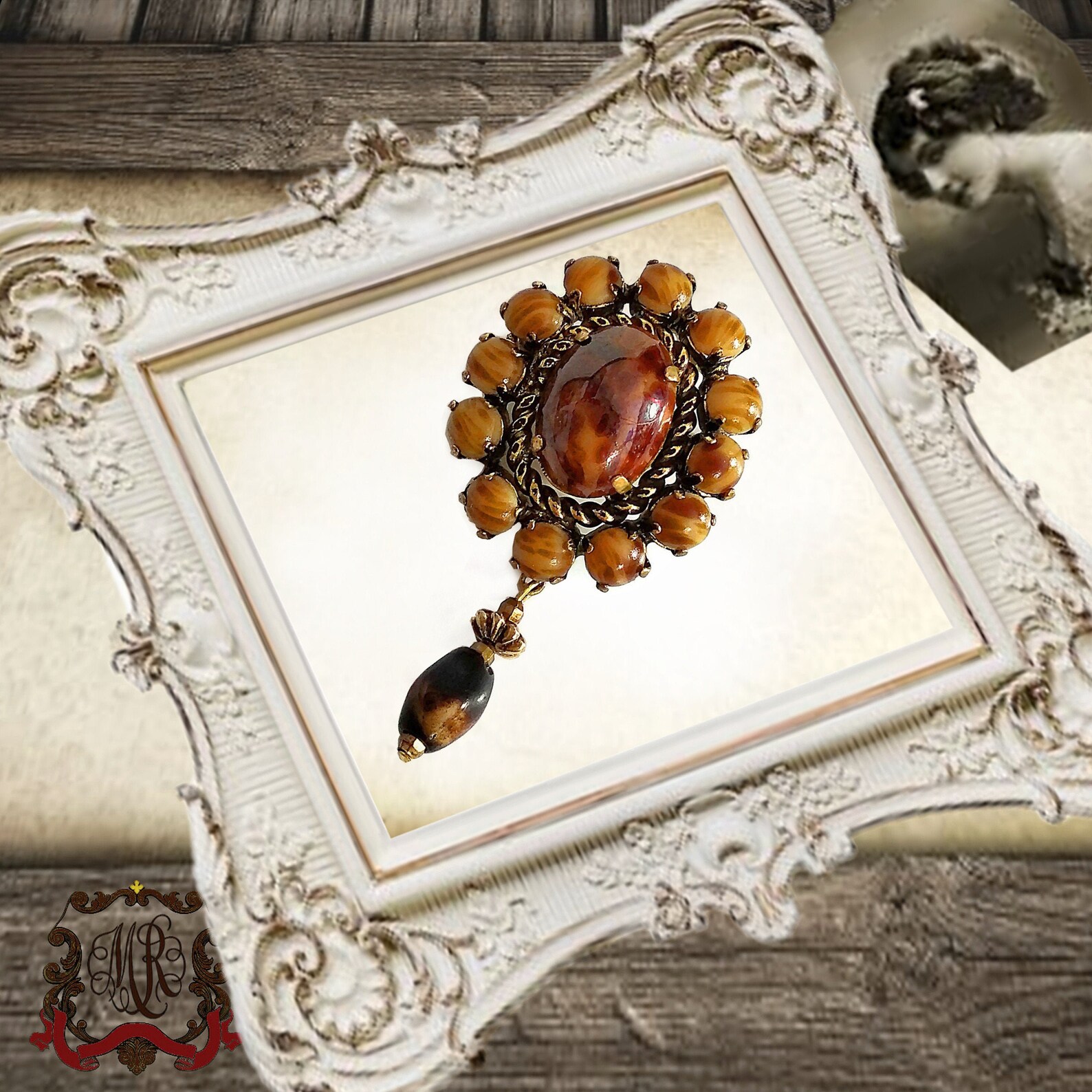 Edle ovale antike braune Brosche mit Cabochons aus Achat | Etsy