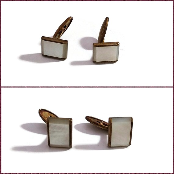 Antique gold-tone cufflinks with a square moonsto… - image 2